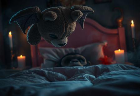 close-up other the shoulder of a deamon like teddy, flying ghostlike over a pink childs bed, in the bed is a scarred young ape face hiding under a pillow. soft fog raines like drops in slow-motion, glowing from the candles sorounding the bed. filling the dark room in dramatic lighting and dark shadows whispering horror and dark comedy.
Shot with a full-frame DSLR, 85mm lens at f/1.8 for shallow depth of field, ISO 400, 1/100 shutter speed. Natural light enhanced with slight post-processing contrast boost and warm tone grading. balancing organic beauty with macabre fantasy, creating a feeling as unsettling as compelling.