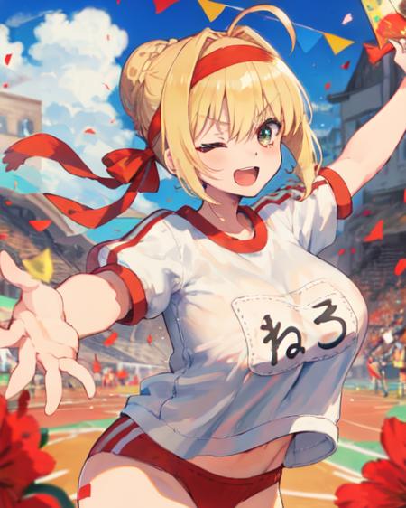 masterpiece, best quality, Natural Volumetric Lighting And Best Shadows, Deep Depth Of Field, Sharp Focus, Sharp Eyeliner, (Highest Quality, Amazing Details:1.4), Masterpiece, Bloom, Picturesque, Brilliant Colorful Paintings, looking at viewer, nero claudius (olympian bloomers) (fate), 1girl, open mouth, one eye closed, blonde hair, ahoge, solo, buruma, gym uniform, navel, name tag, headband, shirt, smile, hair intakes, day, braid, outdoors, sky, hair bun, breasts, huge breasts, french braid, bangs, single hair bun, short sleeves, red buruma, white shirt, blue sky, confetti, red headband, cloud, cowboy shot, string of flags, v-shaped eyebrows, hair between eyes, :d, gym shirt