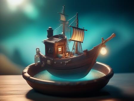 low angle, (miniature old pirate boat:1.3) floating in a (high bowl:1.5), whirl river, moon landscape, sunset, dust flare, mist, lightning, night life, rim lighting, cinematic, mood, depth of field, teal hue, bokeh,isometric style, <lora:isometric-v1:1>