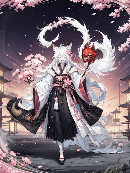 colorful, HEZI, Onmyoji, Japanese style of play, game drawing, japanese clothes, white hair, furry, tail, solo, holding, cherry blossoms, kimono, flower, furry female, hair ornament, animal ears, facing viewer, hair flower, standing, wide sleeves, petals, long hair, closed eyes, mask, long sleeves, smile, full body, architecture, 1girl, white fur, lantern, white skin, east asian architecture, hair over eyes, open mouth, outdoors, sandals, sky, bird, colored skin, staff, branch, white socks, black kimono, fox mask, night, pink flower, bangs, pale skin, tabi, building, socks, star \(sky\), holding staff, body fur, 1boy,<lora:çå­ç³»åââé´é³å¸ç«ç»:0.6>,