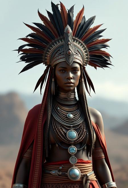 ultra realistic full body costume design  and character design of an african tribal warrior queen + feather headdress + ultra detailed accessories + long cape + a lot of tribal necklaces, photographic style, 8k, octane render