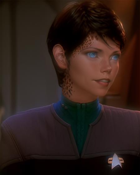 ezri, female, brown leopard spots on sides of face, blue eyes, light skin, slight smile, very short hair, <lora:DS9_768V12:0.8> black and teal ds9st uniform, medium shot, animation, digital art, pixiv, nicole de boer, <lora:ezri_lora:0.9>