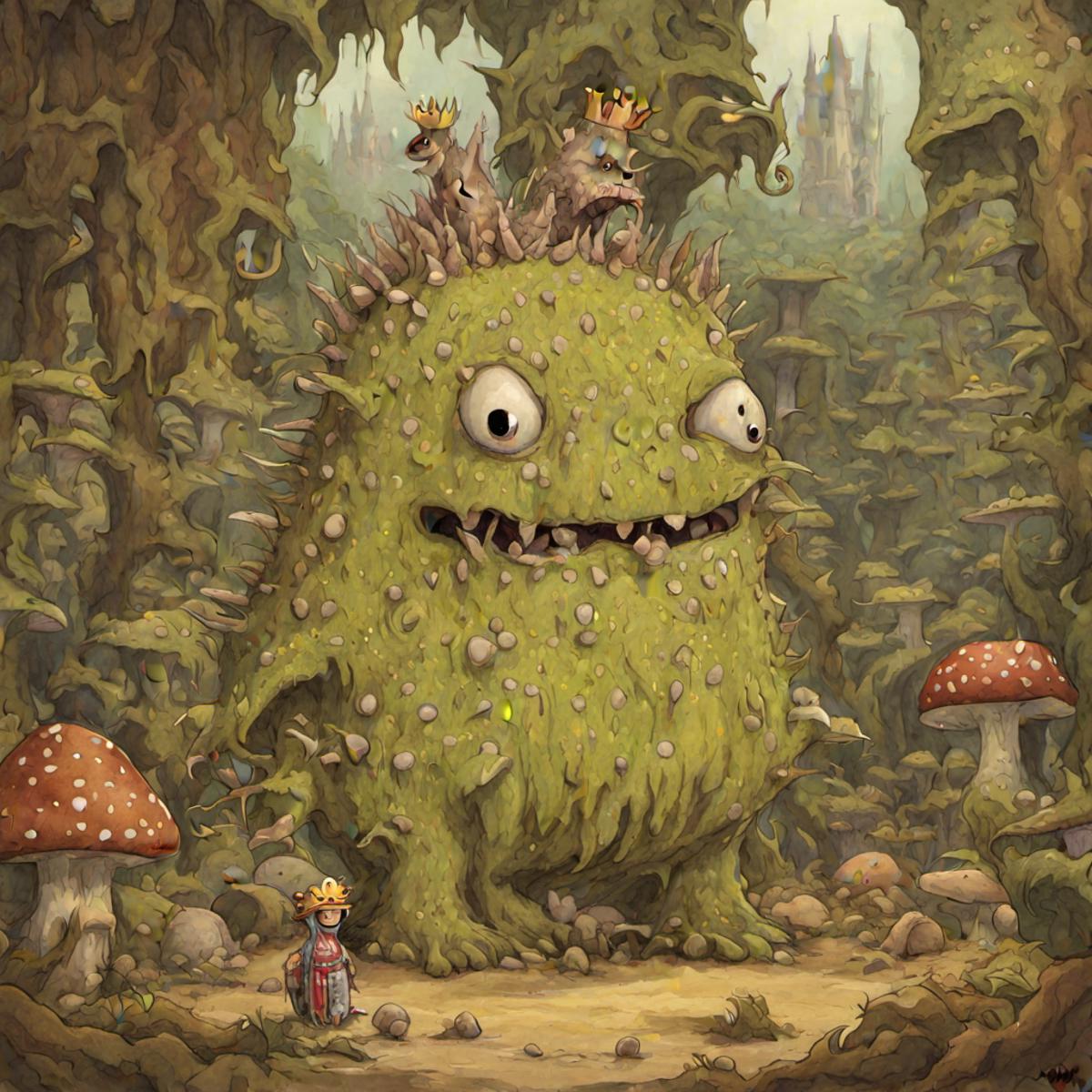 <lora:Childrens_book_illustration-000001:0.7> <lora:Johan_Potma_Art_Style_SDXL-000008:0.7>  (childrens_book_illustration:0.7) (potma style:0.7)
monster with crown in mushroom palace
masterpiece