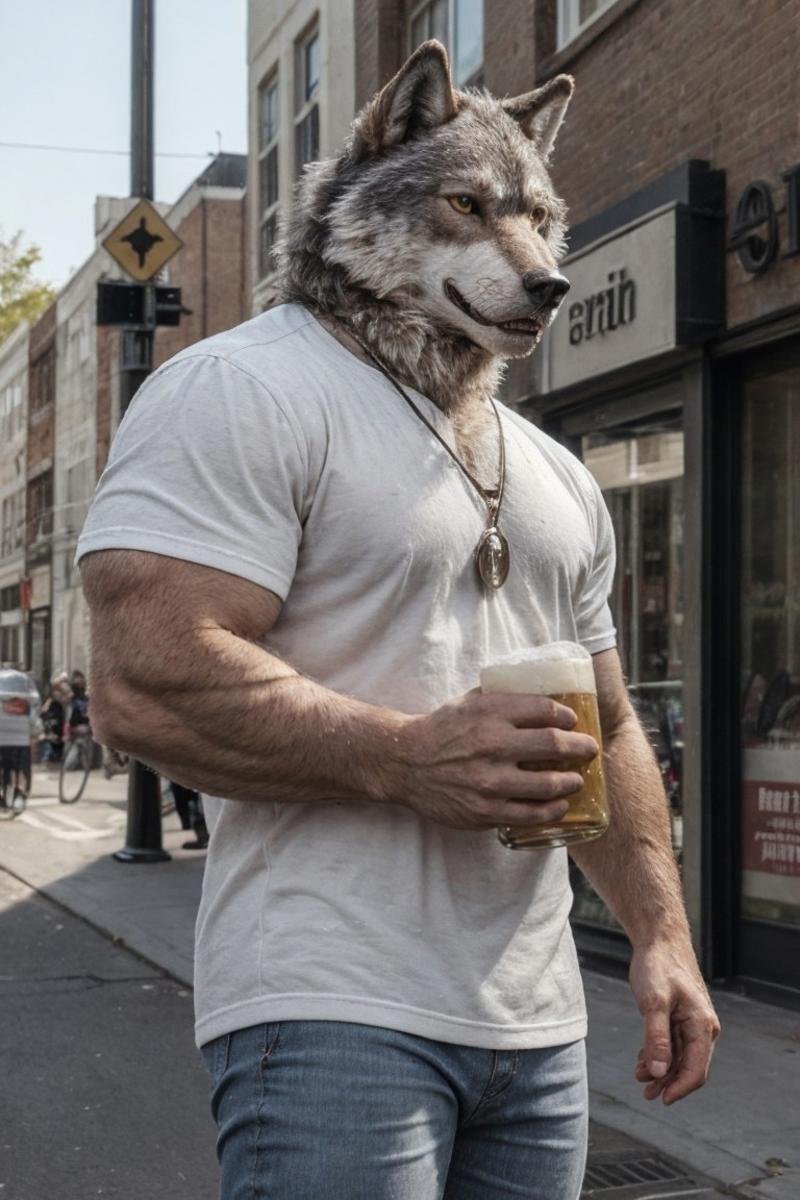 Man in a wolf mask drinking from a glass.