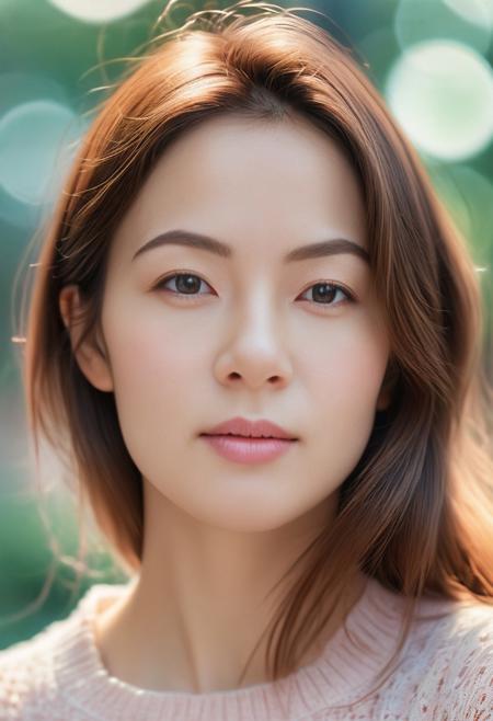 Beautiful woman, high detail, portrait, elegant, delicate features, emotional expression, masterpiece, 8k resolution, Extremely high-resolution details, realism pushed to extreme, fine texture, incredibly lifelike, looking at viewer, solo focus, realistic, photorealistic, ultra realistic photograph, pastel background with pastel bokeh, Exquisite details and textures, grainy, film analog photography, film, face details, real face, no makeup, brown hair, long hair, 1girl,