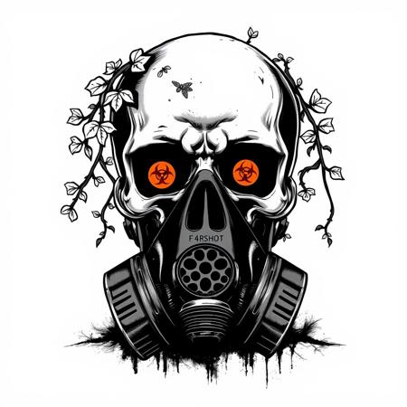Skull, gas mask, biohazard logos on the mask, Vines, black and white silhouette, Looking like it's fading away, the word F4RSH0T