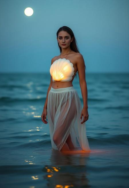 A serene woman stands waist-deep in the ocean at dusk, her torso protected by a smooth, glowing shell breastplate. The translucent fabrics that flow around her legs blend seamlessly with the glowing water. The scene is illuminated by soft moonlight, casting a peaceful glow across the still ocean surface, creating an ethereal mood.