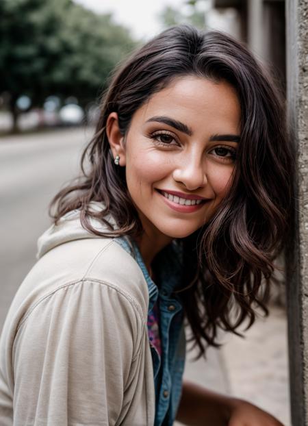 RAW photo of Isaura Ojeda in casual clothes, little smile, (high detailed skin:1.2), small details, photorealistic, ultra-realistic photo, 8k uhd, dslr, soft lighting, high quality, film grain, Fujifilm XT3, (masterpiece)  <lora:add_detail:1>