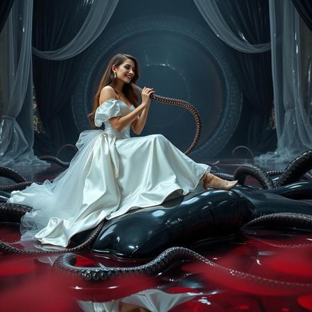 tall slender classy rich italian  baroness bride  sit on tentacle ,licking long thik tentacle, (knees spread wide apart), elegant silver high heels, luxurious wedding glossy white satin dress with  lifted  full skirt, silver foil overskirt, white tulle petttcoat, visible legs in white silk stockinhs,  kneeling at  glossy wet-look  black jelly pillows floating in giant slime pool, hands and ankles catched by  tentacles spreading from  giant  portal to alien space  at background, covered with thin transparent liquid slime foil, tentacle sex, evil grin,  lipstik, makeup, long hairs, black glossy foil canopy curtains, weird evil aliens palace, red fog from the floor,  horror, aliens, sci-fi, space, Giger style, cinematic, horror,  ultra thin waistm very long hairsm elegant, classy