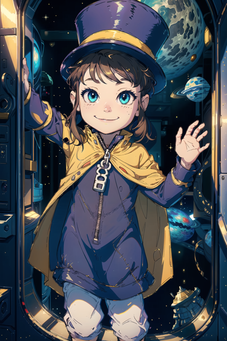 masterpiece, best quality, <lora:HatKidLora-10:0.7>, hat kid, purple dress, zipper pull tab, top hat, yellow cape, white pants, smile, space, in spacecraft, window, (AS-Younger:1.3)