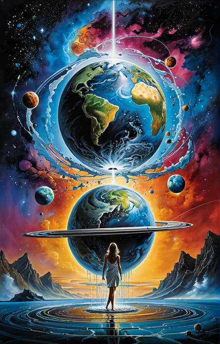 Hyper-detailed oil on canvas masterpiece an intense ethereal birth of planet Earth in the midst of the galaxy; the borders to the dimensions rips and flash of gorgeous plasma sprays into the galaxy,surreal masterpiece by (salvadore dali, Stephen Youll, Patrice Murciano)