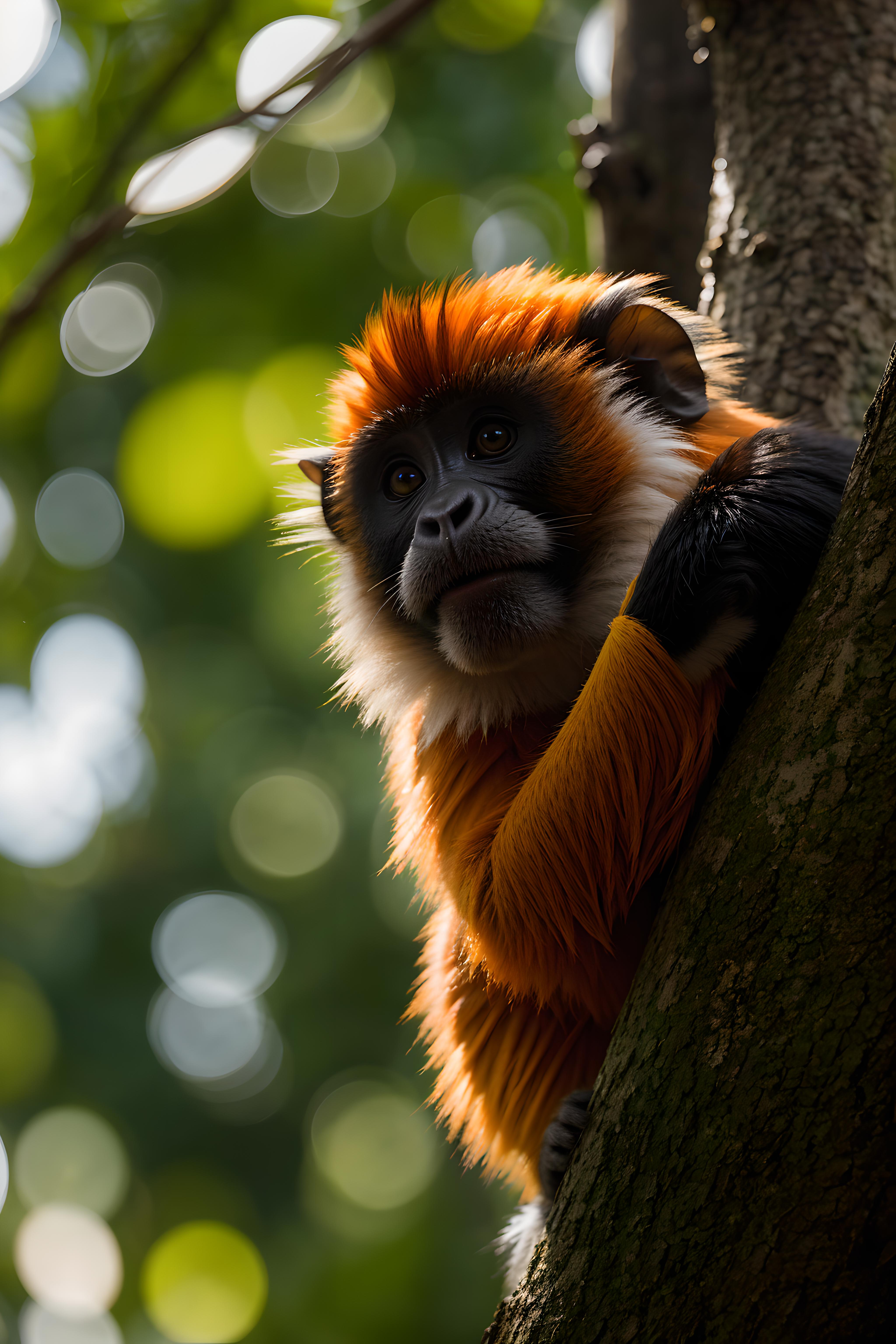 Orange and black monkey looking up at the camera while perched on a tree branch.