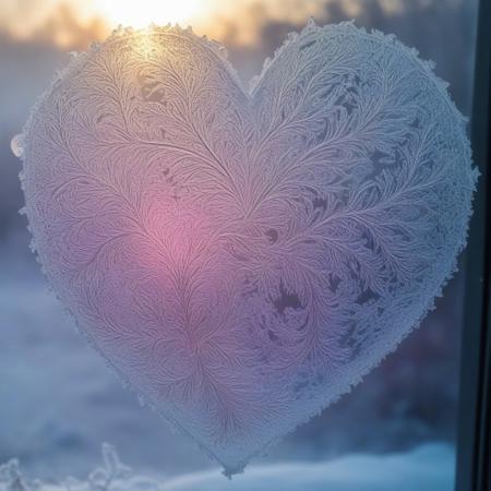 the heart on the frosty window is made with frosty patterns in blue pink purple light green tones,the sun is illuminated