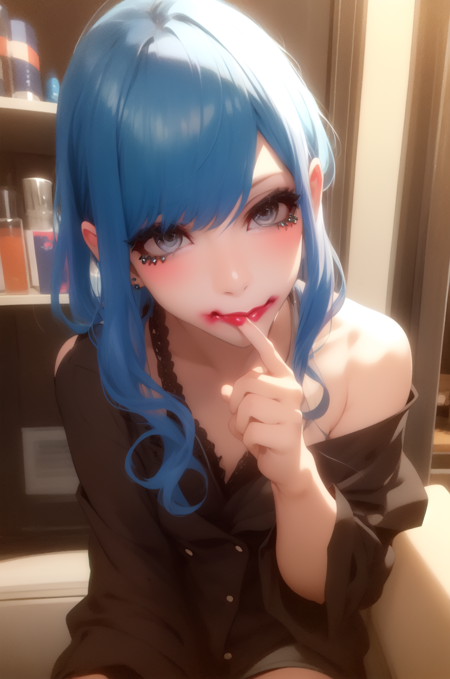 t4k4sh1, gray eyes, blue hair, lipstick, mouth piercing, black top, black blouse, showing shoulder, black shorts, black boots