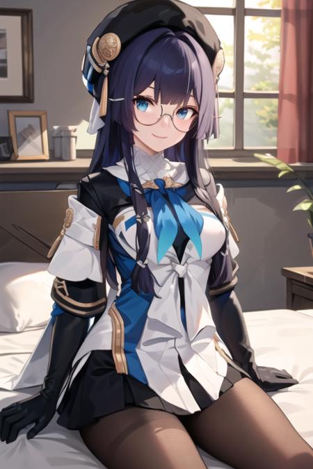 ((masterpiece, best quality)), very detailed,1girl,smile,sitting,indoors,medium breasts,bow breasts, beret, pela, honkai star rail, black_gloves, black_headwear, black_legwear, blue_eyes, dress, glasses, gloves, hat, long_hair, looking_at_viewer, pantyhose, red-framed_eyewear, semi-rimless_eyewear, solo, under-rim_eyewear <lora:pela-15:0.7>