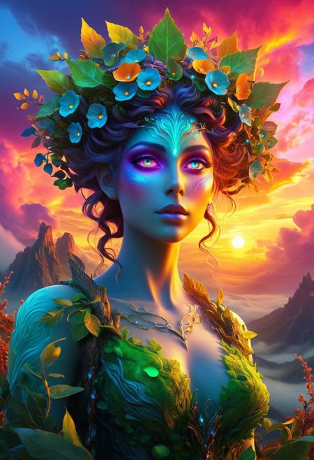 a dryad with oddly colored eyes.
digital fantasy art, vibrant colors, dramatic lighting, ethereal glow, atmospheric skies, surreal landscapes, otherworldly environments, soft gradients, mystical elements, dreamy clouds, magical realism, high contrast, vivid sunsets, fantasy characters, emotional depth, imaginative scenes