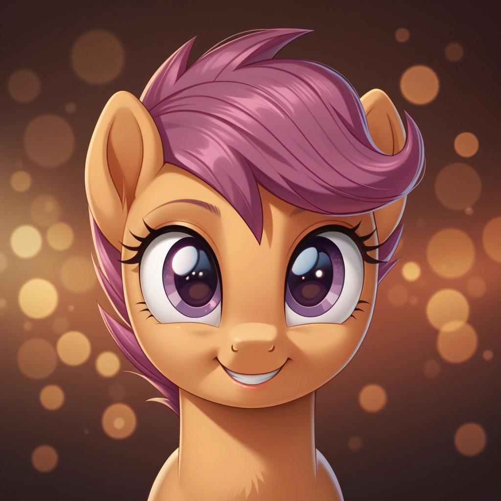 score_9, score_8_up, score_7_up, score_6_up, score_5_up, score_4_up, my little pony, ((feral pony)), Scootaloo, 1girl, solo, (cute), beautiful, detailed, (detailed cute pony face), detailed eyes, detailed fur, beautiful, vector, flat colors, (abstract background:1.8), (looking at you, looking at viewer:1.5), smile, happy, ((close-up)), high angle