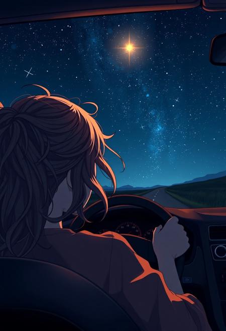 close up rear view of a girl driving a car, messy hair, In the sky a falling star, lots of stars, lonesome road, night , very rich in detail, nature, mysticism, semi-anime, semi-realism,