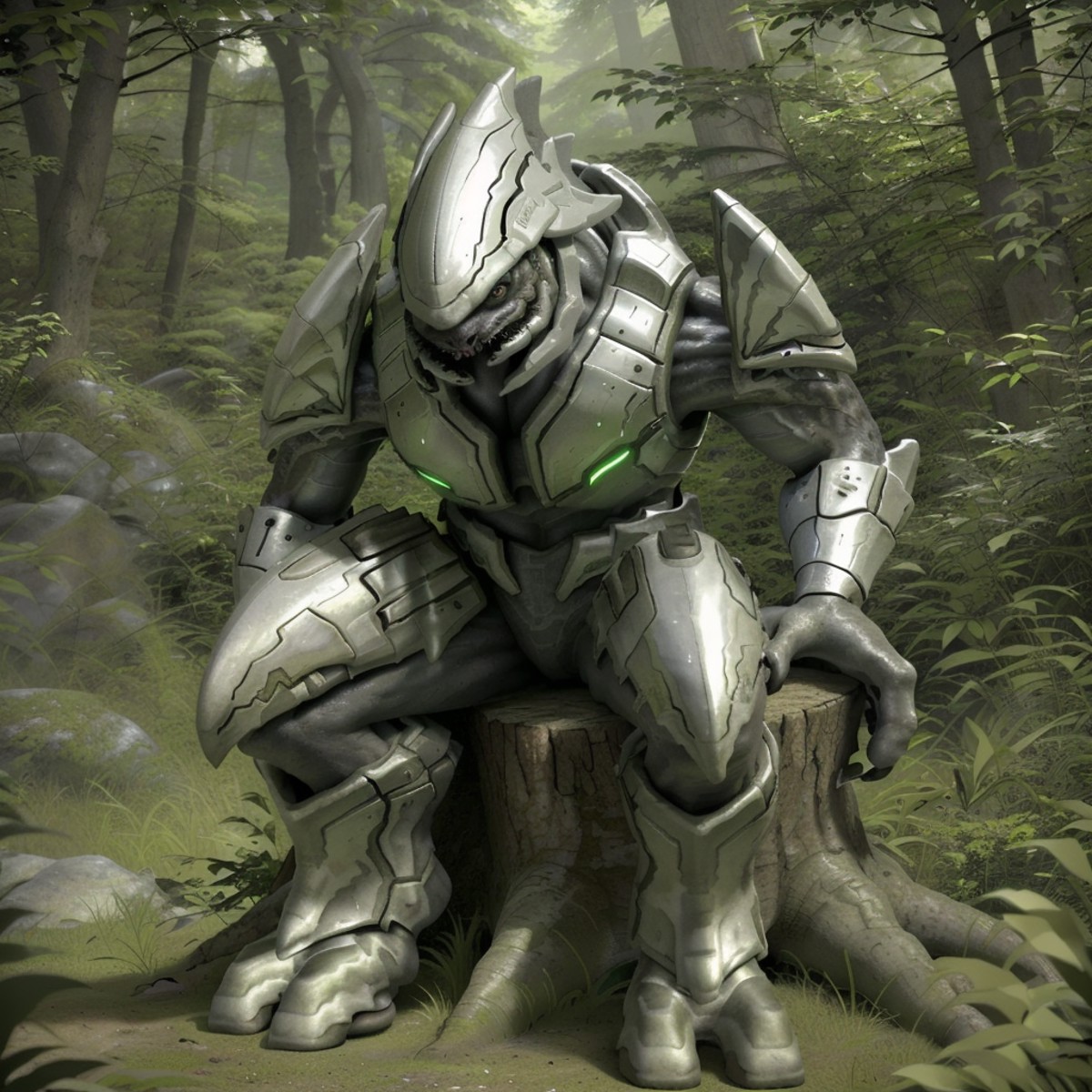 sangheili, alien, armor, white armor, helmet, best quality, masterpiece, detailed, full body, sitting on tree stump, looki...
