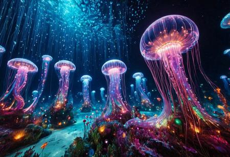 masterpiece, best quality, ultra-detailed, vivid lighting, wide-angle underwater shot. A vast, dreamlike marine world glowing with vibrant, bioluminescent light. The ocean floor is teeming with life — coral towers and waving sea anemones in radiant purples, pinks, blues, and greens, each pulsing softly like underwater lanterns. Enormous jellyfish drift slowly through the water, their translucent bodies trailing long luminous tendrils. Schools of small fish swim in coordinated patterns, their scales reflecting the colored light like polished glass. Gigantic deep-sea creatures hover silently in the distance, casting shimmering shadows over the reef. The bioluminescent sources — fish, flora, and mysterious deep-sea entities — are the only illumination, painting the scene with brilliant, surreal hues. The water is crystal clear, filled with glowing particles in constant motion, giving the impression of drifting stardust. Mood: awe-inspiring, enchanted, full of movement and life.