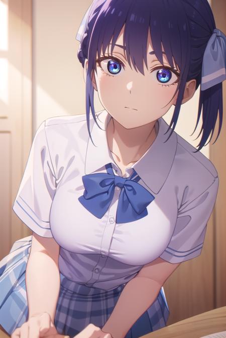 nagisaminase, <lora:nagisa minase s2-lora-nochekaiser:1>,
nagisa minase, bangs, blue eyes, blue hair, hair ribbon, side ponytail,
BREAK skirt, shirt, bow, school uniform, white shirt, short sleeves, pleated skirt, bowtie, blue skirt, 
BREAK indoors, classroom,
BREAK looking at viewer, (cowboy shot:1.5),
BREAK <lyco:GoodHands-beta2:1>, (masterpiece:1.2), best quality, high resolution, unity 8k wallpaper, (illustration:0.8), (beautiful detailed eyes:1.6), extremely detailed face, perfect lighting, extremely detailed CG, (perfect hands, perfect anatomy),