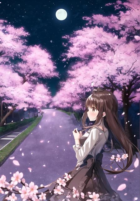 masterpiece, best quality,sky, outdoors,  night, star \(sky\), cherry blossoms, flower,1girl,