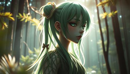 masterpiece of photography, dyanimic framing, an incredible image,In a serene forest glade, where sunlight dapples through the canopy, stands a figure that seems to embody both nature and sorrow. This figure is none other than Hatsune Miku, her digital form rendered in exquisite detail as if crafted from the very essence of the surrounding flora. Her once-vibrant green hair now appears tattered, each strand a whisper of a thousand blades of grass, while tears of jade rain down upon her face.  The texture of her skin is an intricate weave of pine needles, their delicate curves and sharp edges forming a pattern that both mesmerizes and unsettles the onlooker. As she,