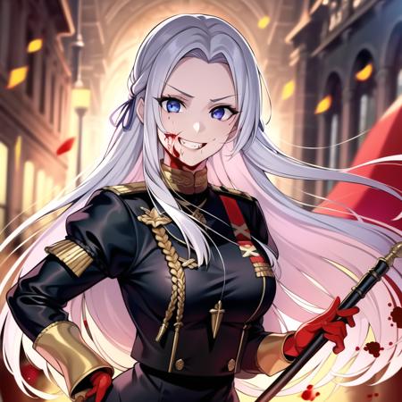 1girl, highres, masterpiece, full body, solo, anime, absurdres, detailed face, perfect eyes, edelgard von hresvelg, upper body, garreg mach monastery uniform, banner, weapon, (blood on face), evil grin