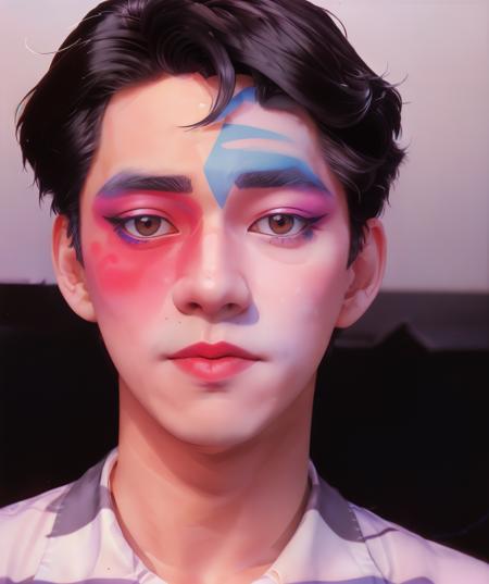 portrait of handsome man ryuichi sakamoto, (masterpiece, best quality:1.2), solo, portrait, analog style, radiosity, photon mapping, 1980s, (avant garde makeup:1.1),( face painted white and pink:0.8), futurism aesthetic, color studio portrait, (black short hair:1.1) <lora:diffusiondesign_Sakamoto_LoRA_v1-12:0.85>