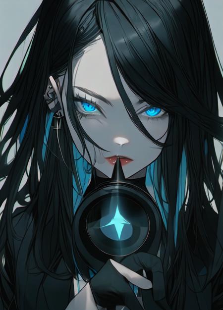 re-l from ergo proxy, black hair, pale skin, blue eys, blue eye shadow, gothic cyberpunk, looking straight, looking at camera, adult woman, 1girl, solo, blue eyes, black hair, looking at viewer, freckles, long hair, piercing, glowing, parted lips, jewelry, jacket, letterboxed, glowing eyes