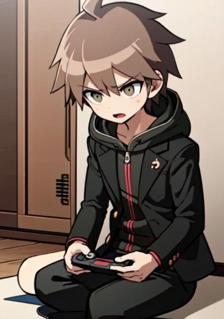 masterpiece, best quality, 1boy, black jacket, hood, ahoge, short hair, brown hair, black pants, <lora:MakonaeA-06:0.55>, handheld game console, sitting, open mouth,