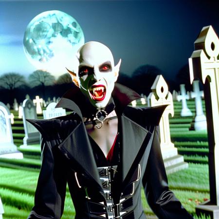 Vampyfangs1. a film still photo. 35mm. 4k. From a 2003 movie. A Nosferatu vampire man is showing off her fangs, he is walking around a graveyard. Night. Full moon. Red eyes. Bald. Pointy ears. Strigoi