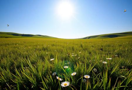 A peaceful grassy field under bright blue skies, golden sunlight streaming down, scattered daisies and butterflies creating a playful vibe, a gentle breeze rustling through the grass, serene and calming ambiance, inviting nature scene with rolling hills in the background, balanced composition, 8k,