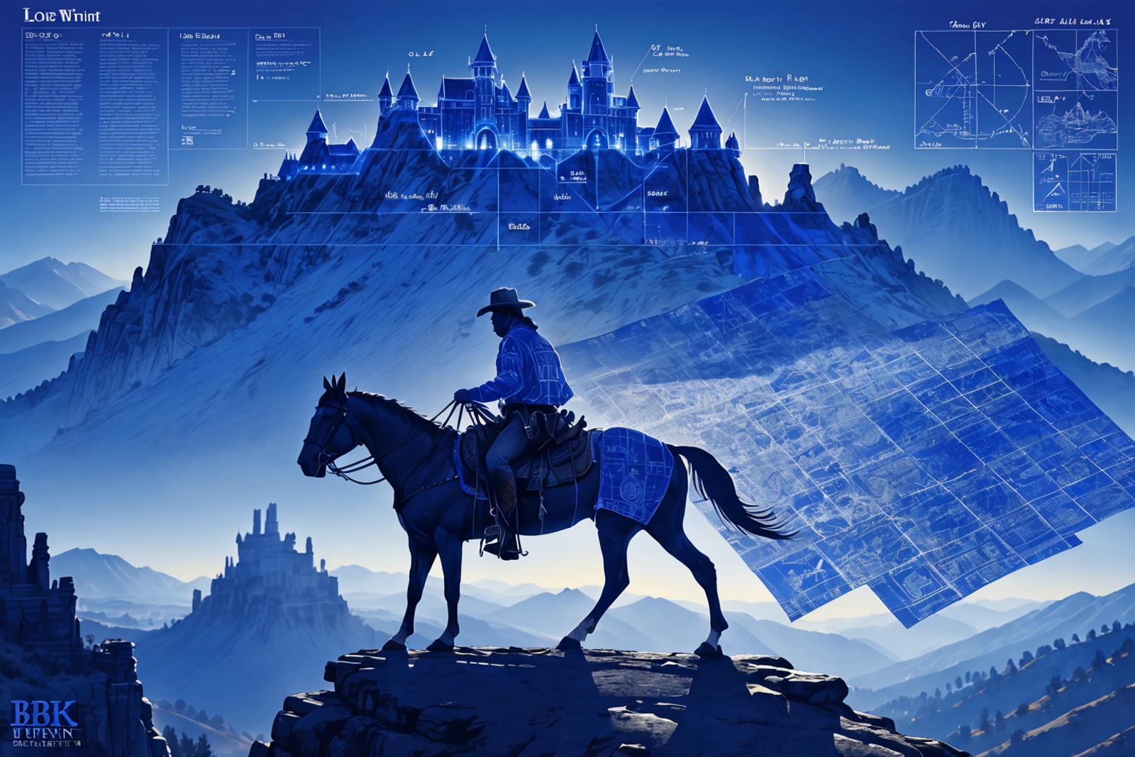 A man riding a horse in front of a castle with a blue background.