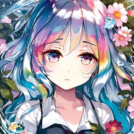 8k Wallpaper,grand,(((masterpiece))),(((best quality))),((ultra-detailed)),(illustration),((an extremely delicate and beautiful)),dynamic angle,rainbow hair,detailed cute anime face,(((masterpiece))),an extremely delicate and beautiful girl,flower,cry,water,corrugated,flowers tire,broken glass,(broken screen),atlantis,transparent glass,
anime,<lora:anime:1>,