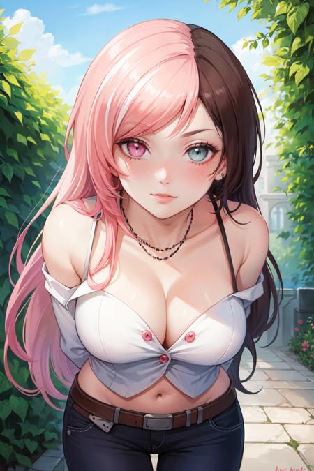 neo_politan, long hair, large breasts, pants, navel, collarbone, jewelry, belt, heterochromia