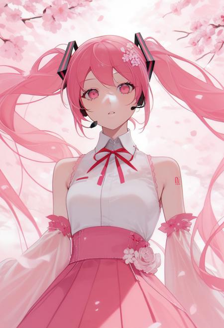 score_9, score_8_up, score_7_up,ohisashiburi, 1girl, solo, long hair, breasts, looking at viewer, bangs, skirt, shirt, hair ornament, long sleeves, ribbon, bare shoulders, twintails, very long hair, white shirt, upper body, pink hair, flower, parted lips, detached sleeves, sleeveless, collared shirt, signature, wide sleeves, pink eyes, blurry, see-through, petals, sleeveless shirt, neck ribbon, floating hair, depth of field, blurry background, cherry blossoms, pink flower, headset, pink skirt, food-themed hair ornament, pink theme, pink sleeves, cherry hair ornament, hatsune miku, sakura miku
