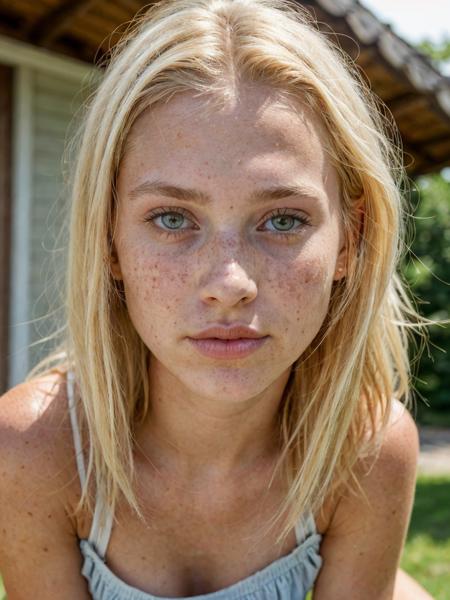 portrait of a 22 year old blonde with bright eyes, mini skirt, no makeup, freckles, beauty spots, natural, summer cottage, submissive expression, hard shadows, soft lighting, sharp focus, skin details