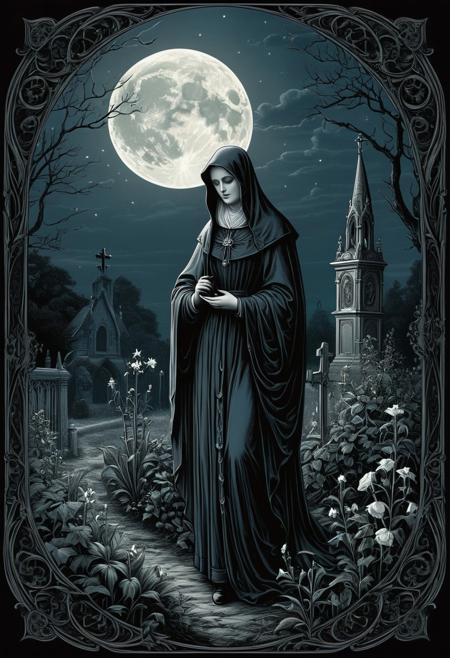 (masterpiece, best quality), A Moonlight Gardener
 Victorian illustration, dark allegorical themes, religious and supernatural elements, fine linework, Gothic style, somber atmosphere, intricate details, ethereal figures, dramatic poses, moody tone, spiritual symbolism, haunting aesthetic