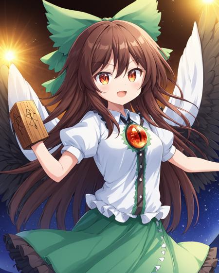 reiuji utsuho,1girl, solo, green_bow, arm_cannon, green_skirt, hair_bow, open_mouth, white_cape, black_wings, white_shirt, bird_wings, puffy_short_sleeves, looking_at_viewer, :d, buttons, third_eye, clenched_hand
<lora:reiuji_utsuho_image6498_2023-12-20-000005:1>,star-shaped_pupils,symbol-shaped_pupils,. gorgeous,key visual, vibrant, studio anime,award-winning, professional, highly detailed,high budget, cinemascope