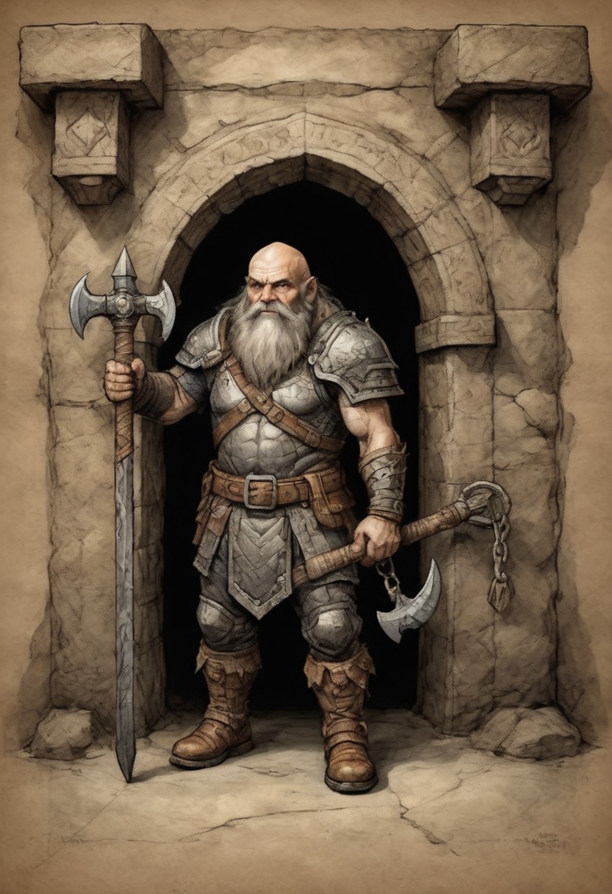on parchment long-bearded dwarf with war axe in chain metal armor and leather boots emerging from the shadows of dwarf-car...