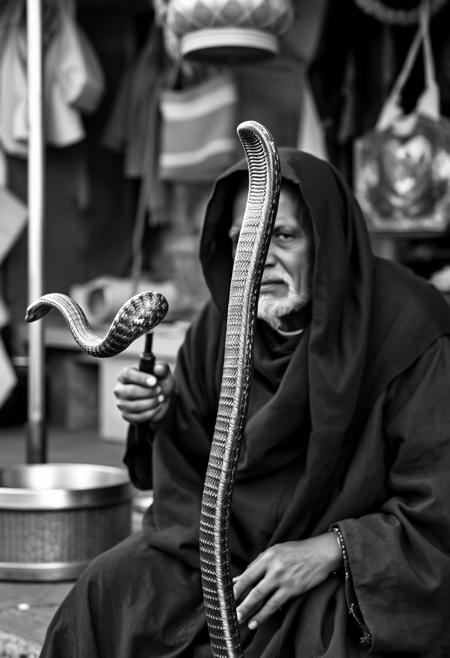 A  (((black and white photograph:1.8 ))) capturing a mystical scene of a Moroccan snake charmer in the souks, with a large snake weaving through the air, high light, high contrast, black and white, best quality, ultra highly details, 4k