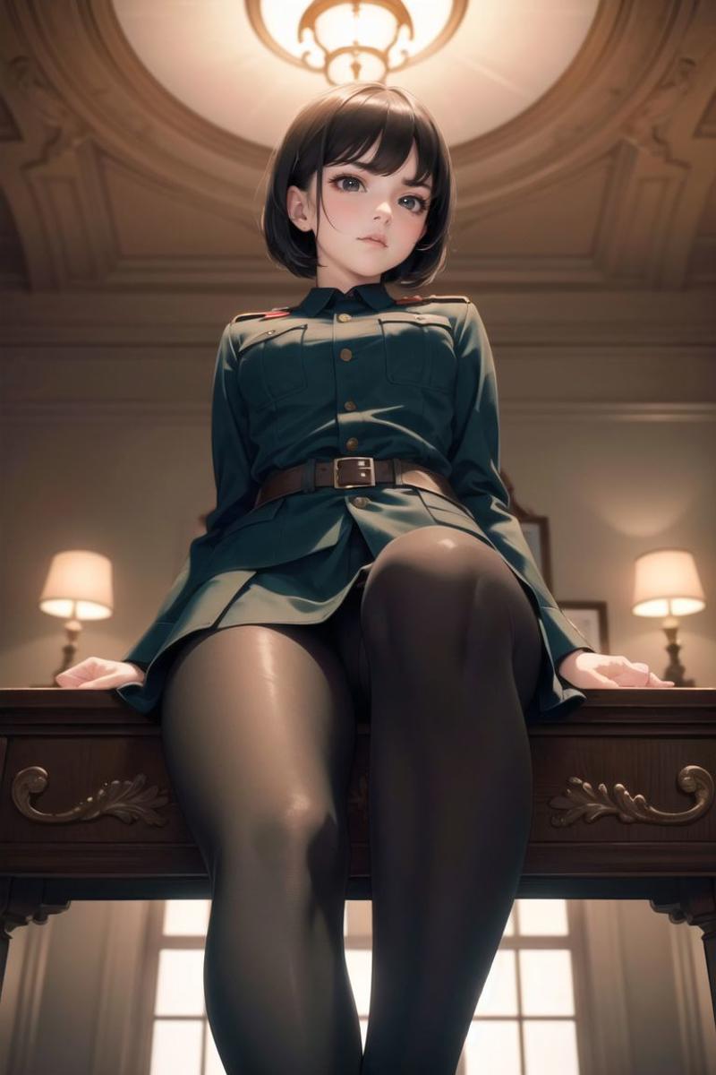 Anime-style character wearing a military uniform, sitting on a desk.