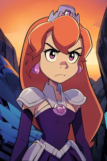 masterpiece, best quality, beautiful, looking at viewer, crisp, clear, cute, 1girl, solo, village background, princess amethyst, rich colors, angry face, shoulders up, front, portrait