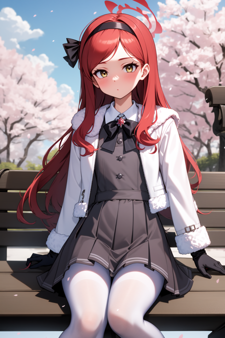 takane, yellow eyes, red hair, long hair, halo, black hairband, black bow, hair bow white jacket, fur-trimmed jacket, long sleeves, gloves, grey dress, pinafore dress, black bowtie, white pantyhose, black shoes