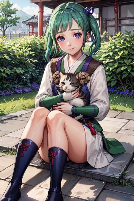 holding a cat,<lora:midoriV1:0.8>,smile,closed mouth,midori, boots, japanese clothes,  looking at viewer, bridal gauntlets,black footwear, white skirt, long sleeves, purple ribbon, white kimono,blue footwear, hair ornament, hair ribbon, knee boots, gloves,outdoors,(masterpiece, best quality, ultra-detailed, best shadow)