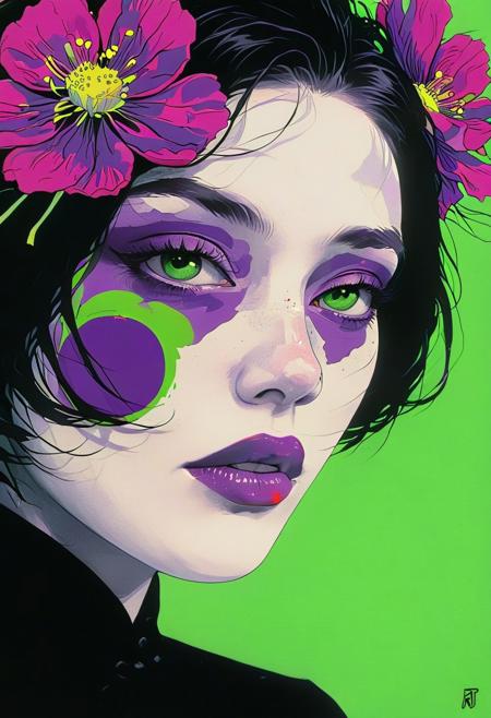 a japanese woman with flowers in hair, shadow veiling her eyes, Conrad Roset, pop art, pop surrealism, dark color gradet, very detailed 3d effect, deep image visualisation, extreme depth of field, create a pop-art hyperpunk scene with desaturated dark purple and neon-green details, colorful (polaroid:0.7) with vibrant colors, (vacations, high resolution:1.3), (small, selective focus, european film:1.2), (sexual advance:1.1), closeup As you close into the depths, the pristine white walls of an elongated Exoplanet base glisten in the moonlight. But as it enters into their exploration, Sultry boudoir photography, Portals ringed with colors extending beyond normal perception ultraviolets so deep they hurt to perceive,by Kuang Hong, Milton Glaser, Vector Art, landscape, Movie still, best quality, hair light, Slow Shutter Speed, Kodak UltraMax 400, Depth of field 270mm, digital art, rich colors