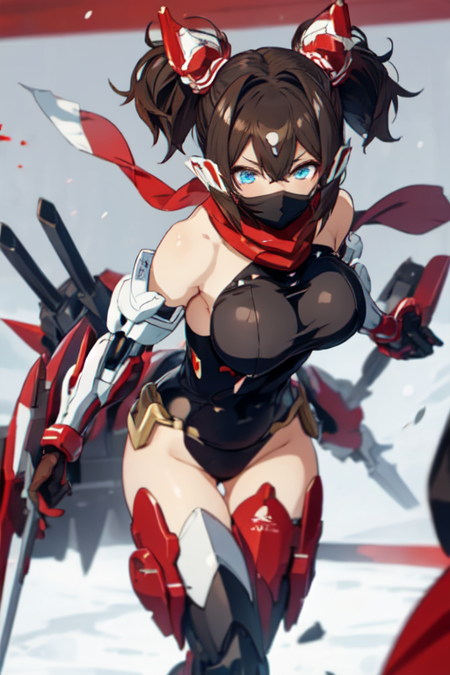 ASRANinja, 1girl, solo, blue eyes, brown hair, hair between eyes, thighhighs, gloves, large breasts, twintails, red scarf, black leotard, mask, mouth mask, ninja, mecha musume, ninja mask