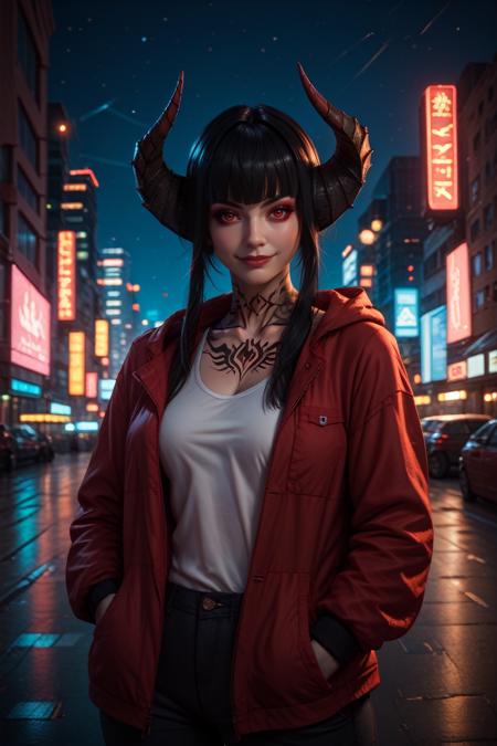 TKNEliza, 1girl, black hair, demon horns, tattoo, red eyes