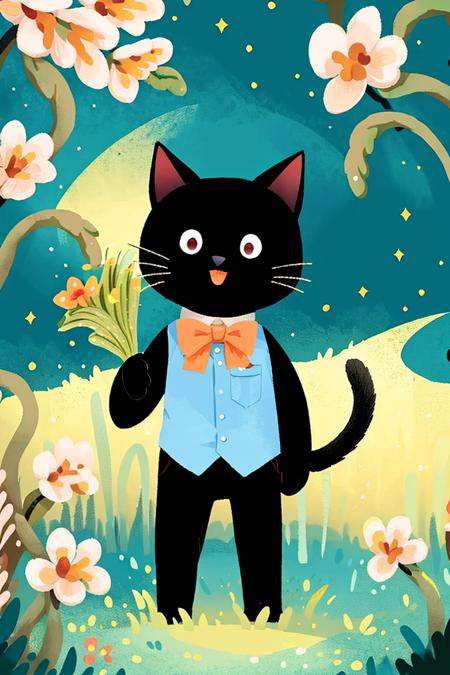 1 cat(animal) ,bow tie,flower,  solo, grass, no humans,standing,  blush, full body, gradient background,grass,tree, (illustration:1.0), masterpiece, best quality, <lora:Child illustrationa_20230804152414:0.83>